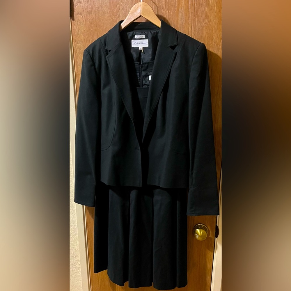 Calvin Klein suit dress and jacket; pleated skirt, tank style top with jacket